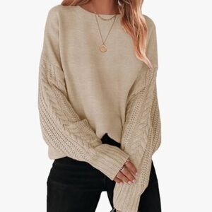 Zesica Women's Round Neck Cable Knit Sleeve Pullover Sweater M